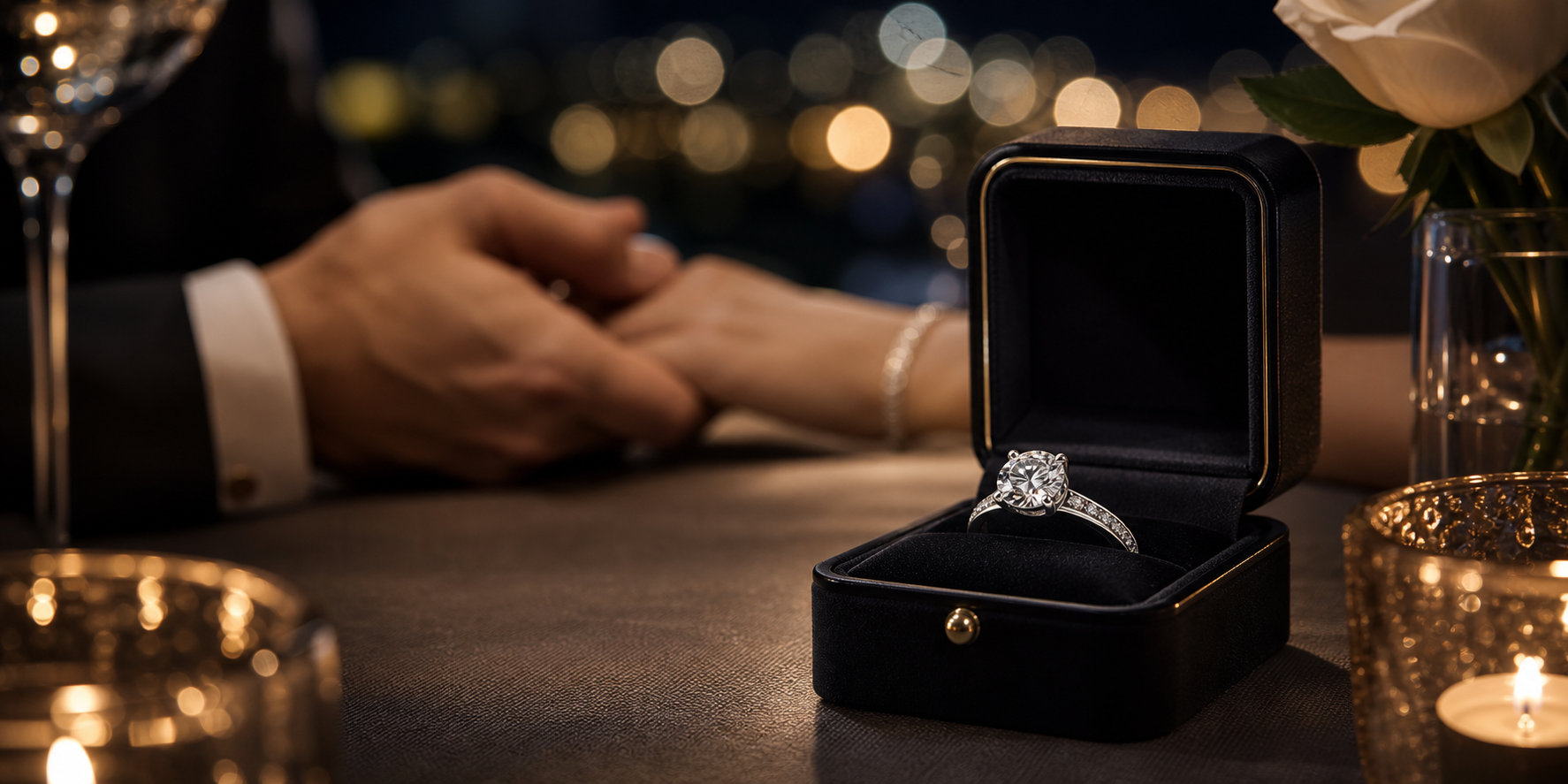 Diamond engagement ring in a romantic proposal scene